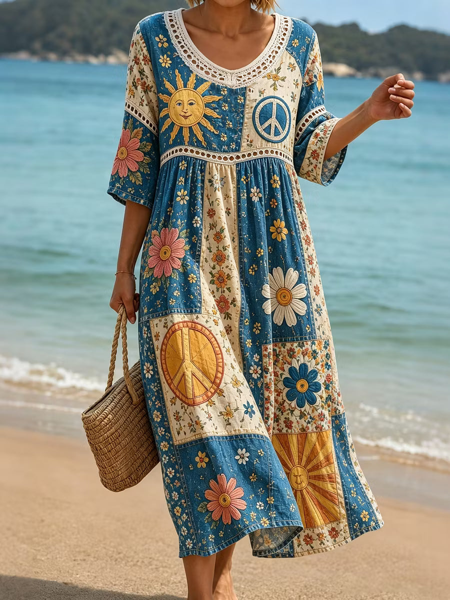 Vestido Retro Hippie Floral em Blocos de Cor de Algodão e Linho