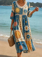 Vestido retro hippie floral en bloques de color de algodón y lino