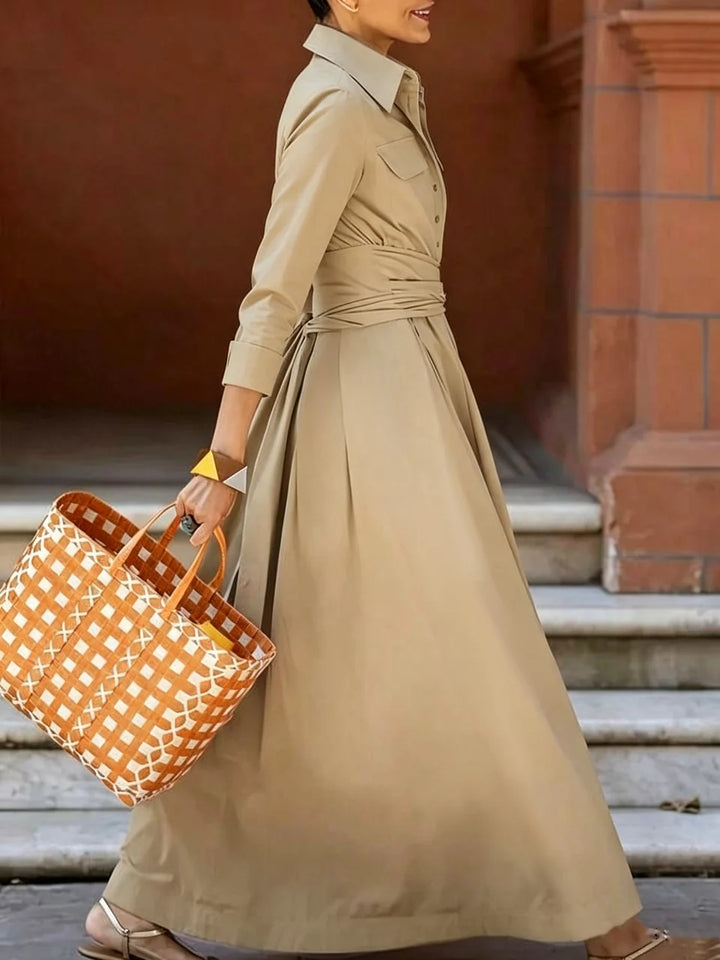 Vestido Maxi Camisero De Color Sólido Con Bolsillos, Botones, Manga Larga, Cintura Alta Y Lapela