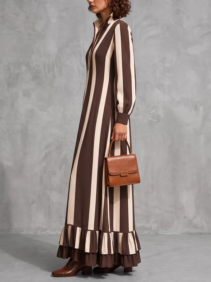 Vestido Maxi Con Cremállera, Bolsillos A Rayas Con Volantes, Manga Larga Suelta En Color Contrastante Y Cuello Alto