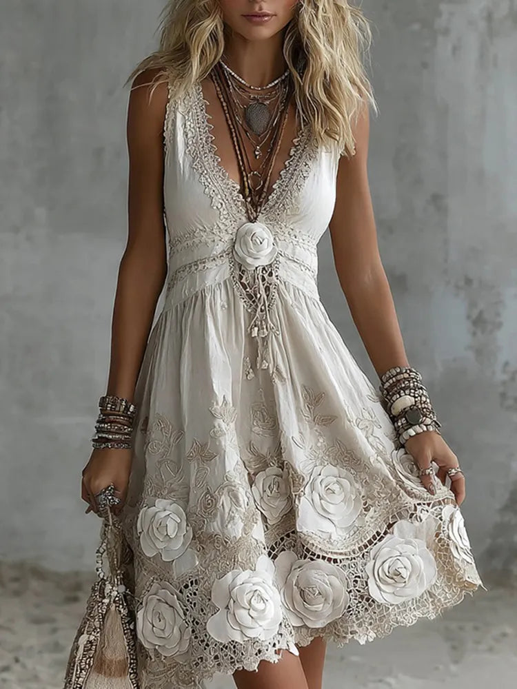 VESTIDO MIDI TIRANTES CUELLO V BORDADO ROSA BLANCA VINTAGE