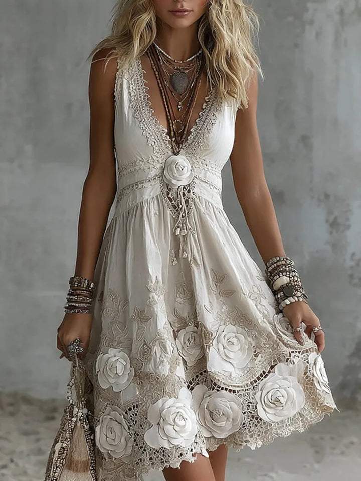 Vestido Midi Alças Decote em V Bordado Rosa Branca Vintage
