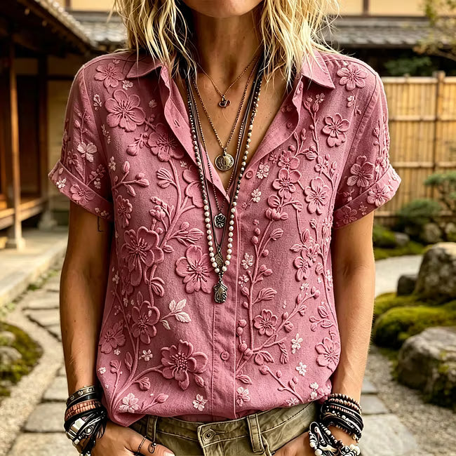 Camisa Femenina Retro Boho Japonesa Con Estampado Bordado De Flores De Cerezo En Algodón Y Lino, Manga Corta