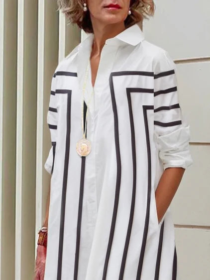VESTIDO MIDI CAMISEIRO ÀS RISCAS COM BOTÕES, GOLA DE LAPELA E MANGA MÉDIA