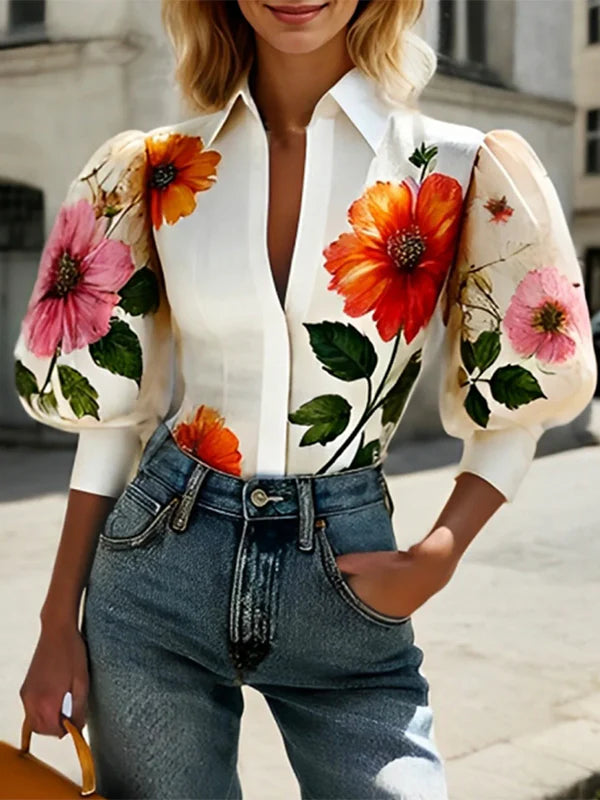 Blusa De Mangas Abullonadas Asimétrica Con Estampado Floral, Empalme Y Solapa