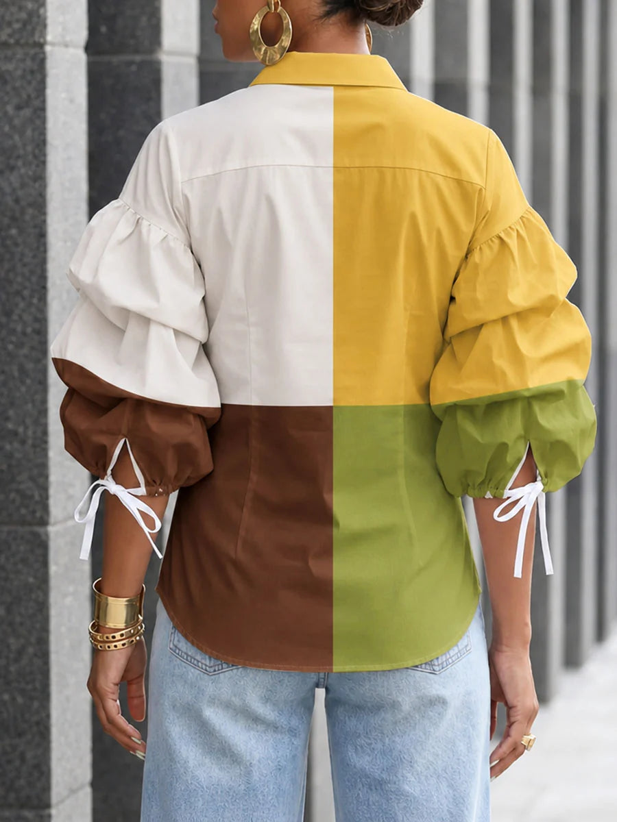 Blusa De Manga Tres Cuartos Abullonada Con Lapela, Elástico Y Color Contrastante Con Botones