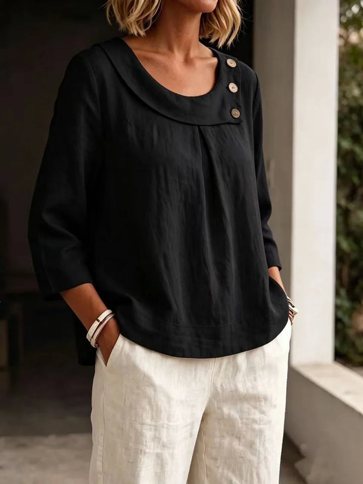 Blusa Asimétrica Plisada Con Botones Y Escote En U En Color Sólido