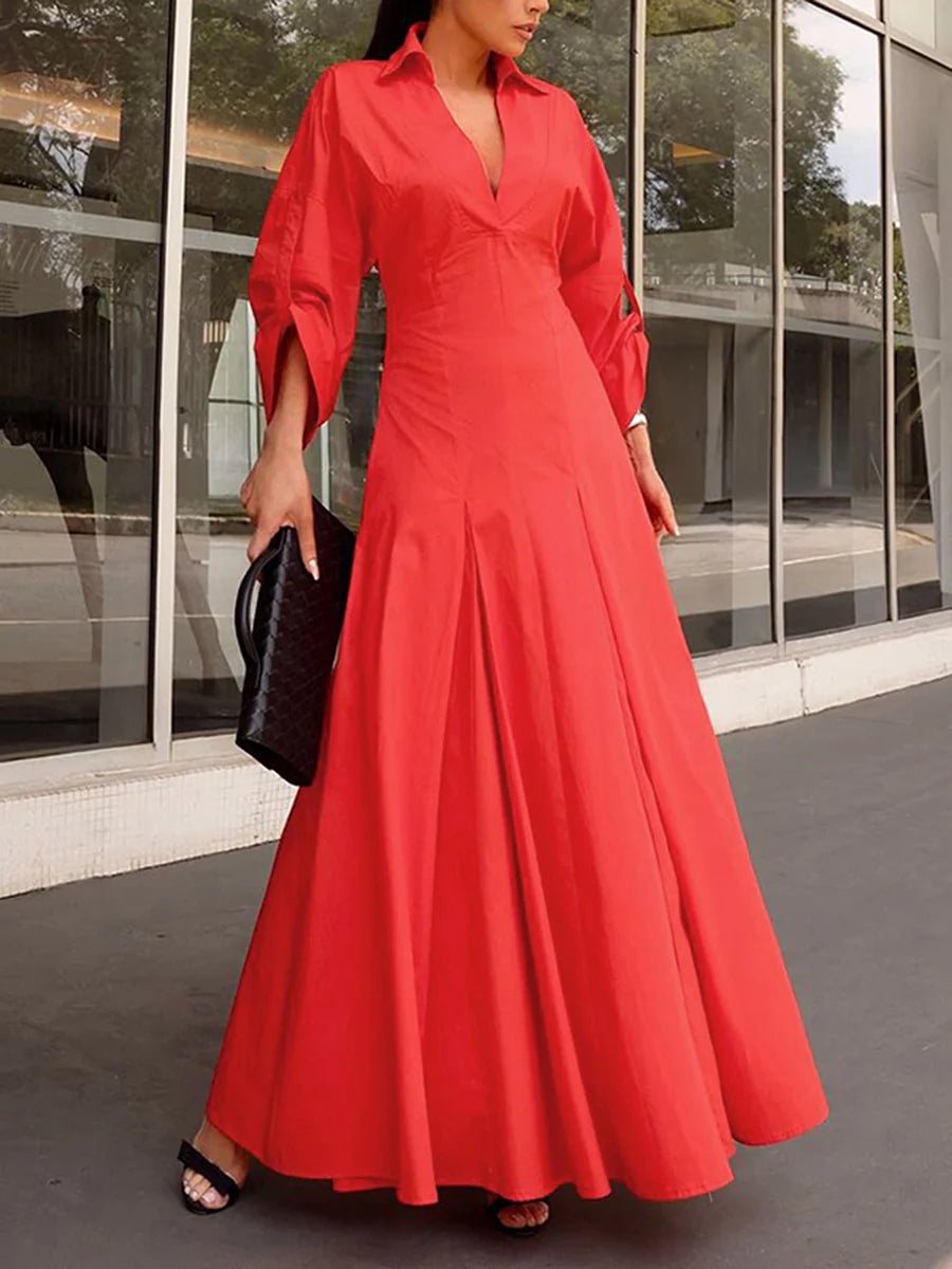VESTIDO MAXI CAMISEIRO PLISSADO DE ALGODÃO COM CINTURA ALTA E DECOTE EM V