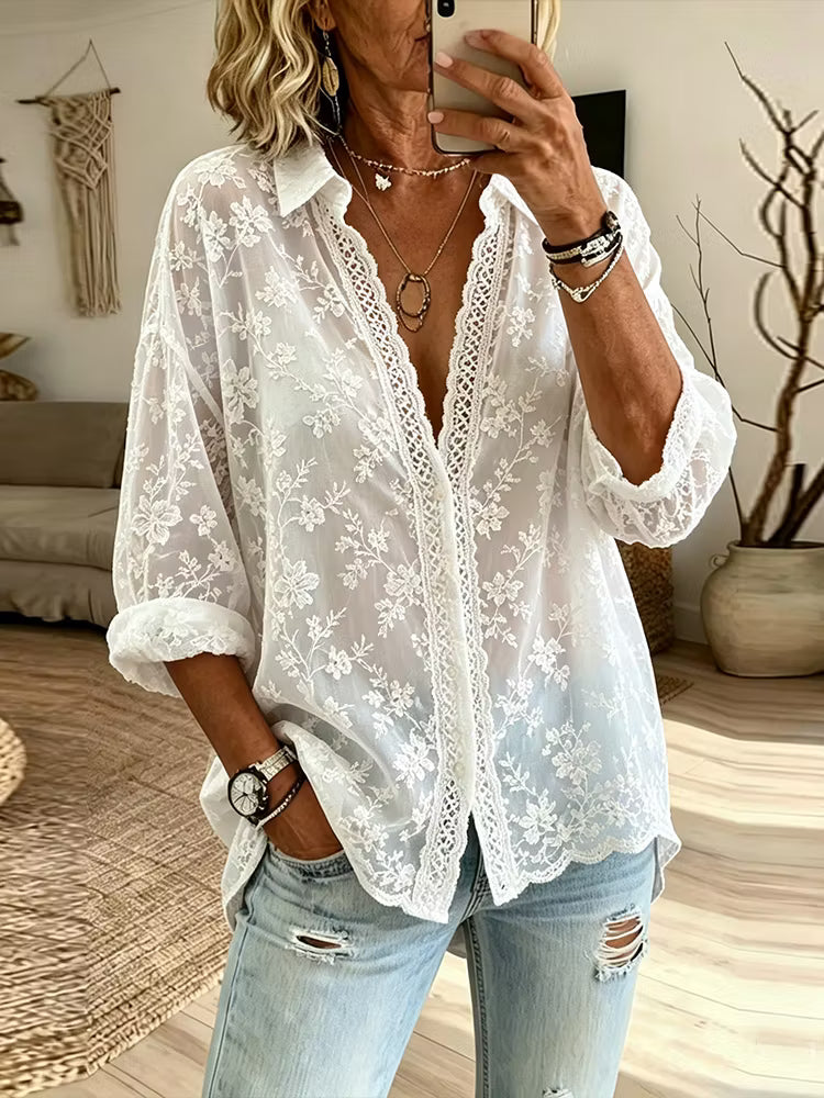 Camisa Vintage Blanca De Manga Larga En Algodón Y Lino Con Bordado Floral Y Encaje