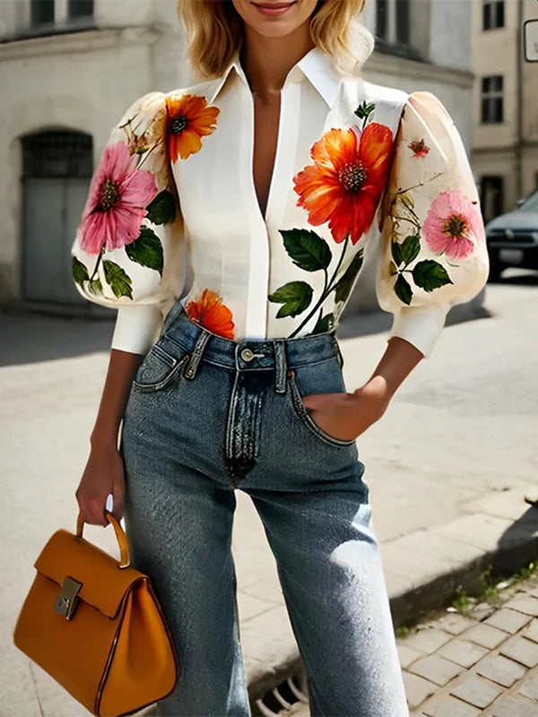 Blusa De Mangas Abullonadas Asimétrica Con Estampado Floral, Empalme Y Solapa