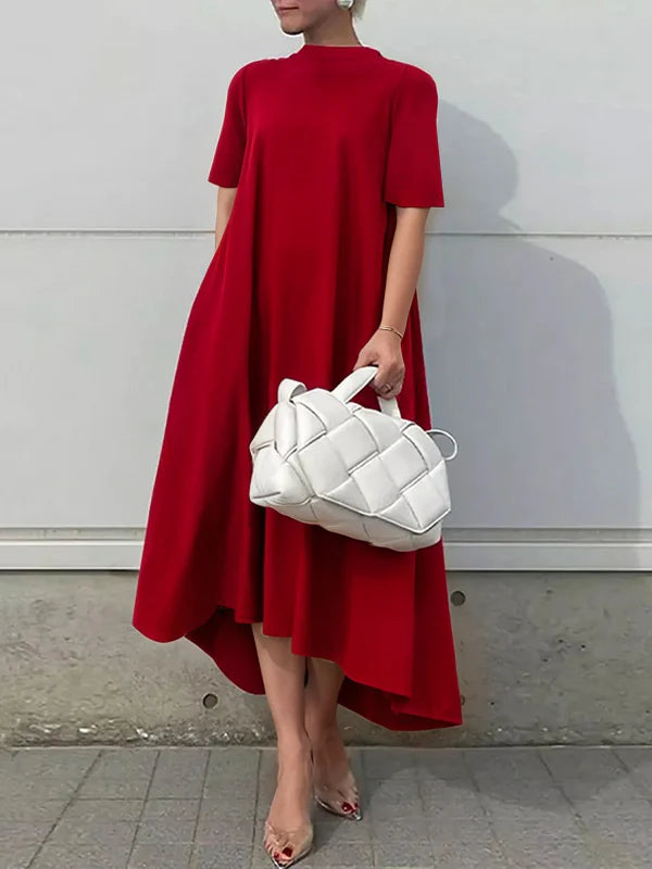 Vestido Maxi Manga Corta Color Sólido Asimétrico Alto-bajo