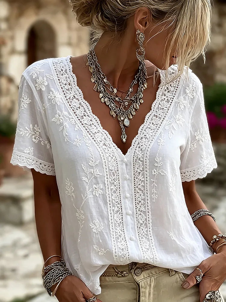 - TOP FLORAL Y ENCAJE CUELLO V