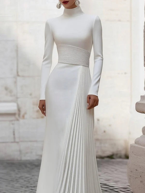 Vestido Maxi Plisado Con Cuello Alto, Cintura Alta, Cremallera Y Manga Larga