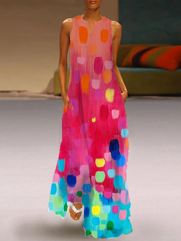 Vestido Maxi Solto Sem Mangas Decote Em V Padrão De Cores Contrastantes