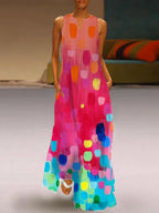 Vestido maxi suelto sin mangas escote en v estampado color contrastante