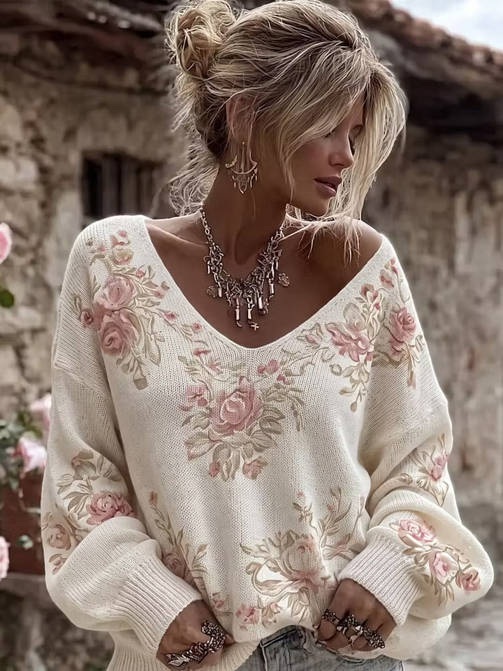 Suéter De Punto Con Cuello En V Y Estampado Floral De Rosas Vintage