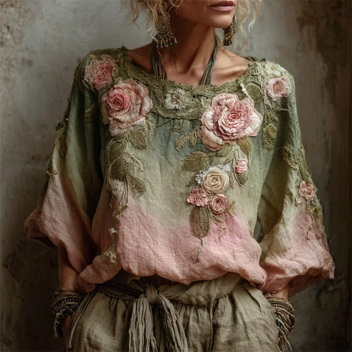 TÚNICA DE LINO CON ESTAMPA DEGRADÉ DE ROSAS ROSA VINTAGE
