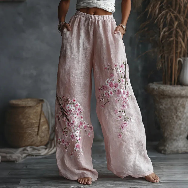 PANTALONES CASUALES DE LINO CON ESTAMPADO FLORAL JAPONÉS PARA MUJER