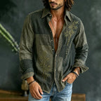 CAMISA CASUAL DE ALGODÓN y LINO DE MANGA LARGA CON BORDADO DE BAMBÚ y PATCHWORK