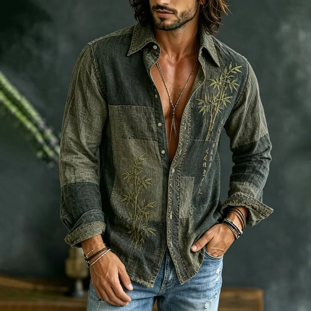 CAMISA CASUAL DE ALGODÓN y LINO DE MANGA LARGA CON BORDADO DE BAMBÚ y PATCHWORK