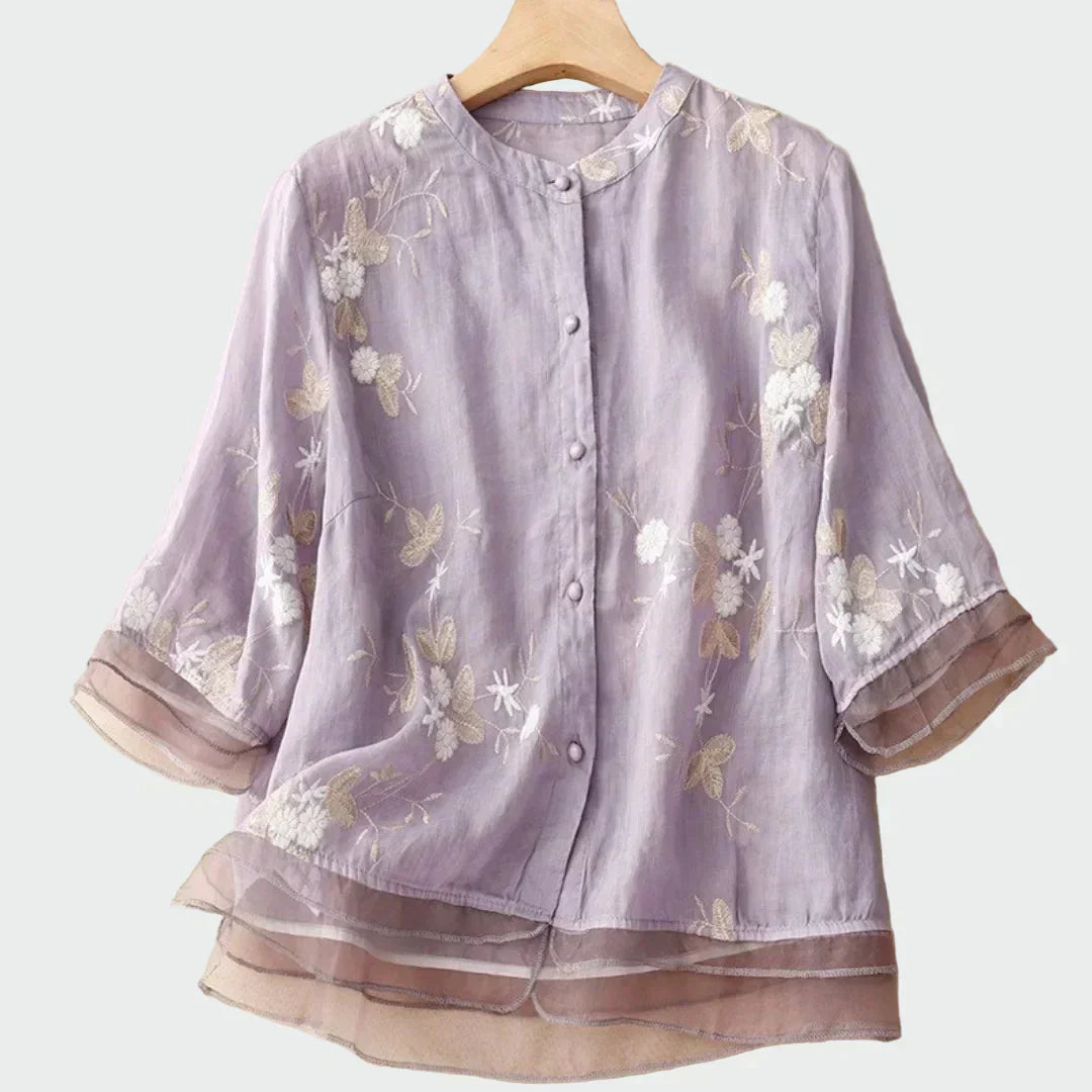 Camisa bordada floral con botones para mujer
