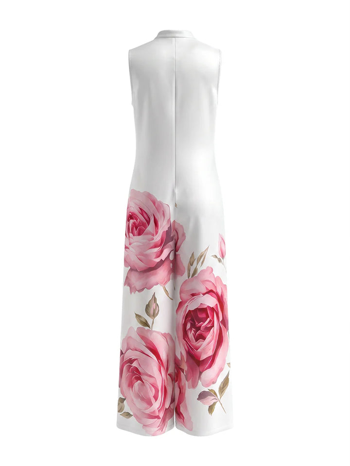 Mono Holgado De Cintura Alta Con Estampado Floral, Plisado, Bolsillos Y Cuello Redondo