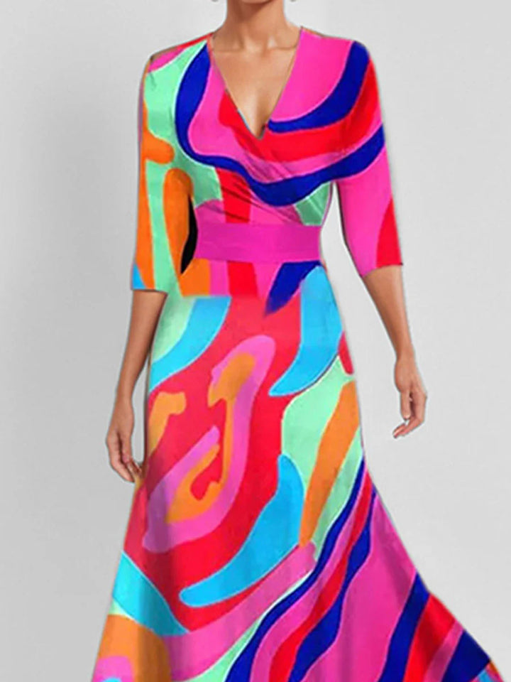 Vestido Maxi Línea A Estampado Bicolor Con Cintura Elástica Y Escote En V