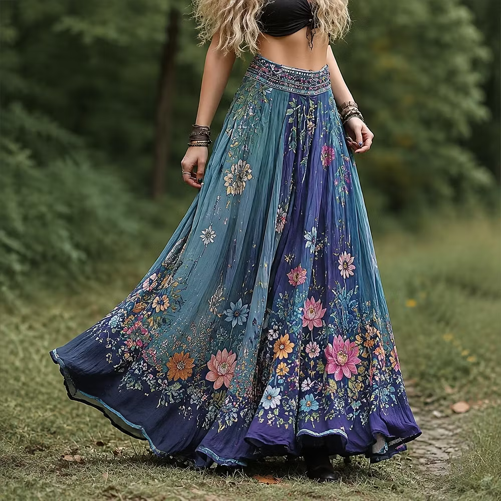 Falda Larga Boho Floral Degradado Azul Y Morado Plisada