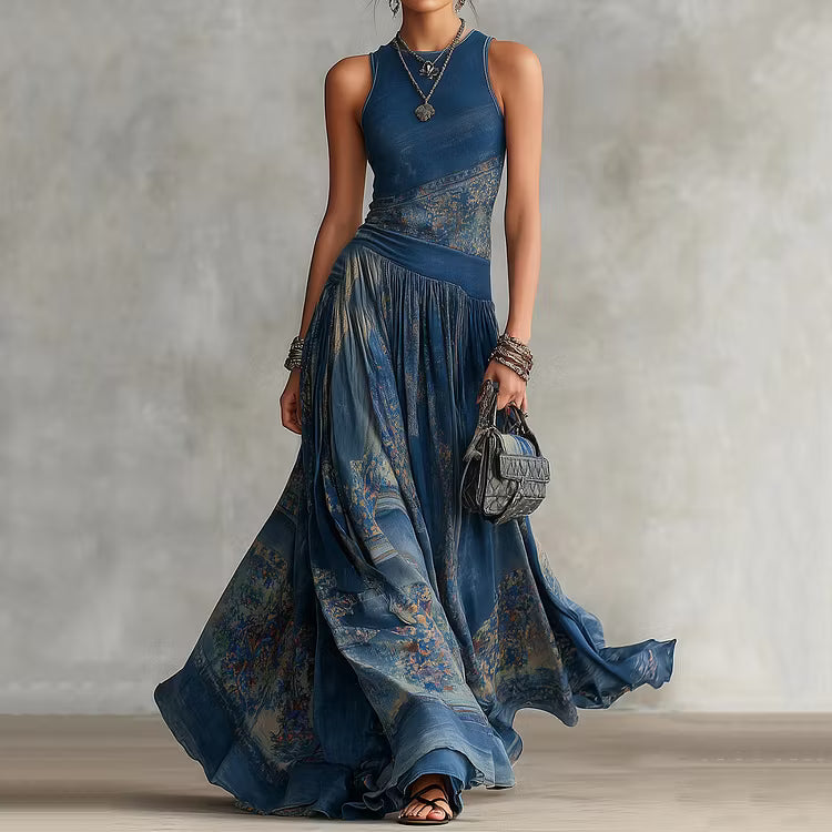 Vestido Maxi Elegante Sem Mangas, Gola Redonda, Com Estampado Retro Até Ao Chão