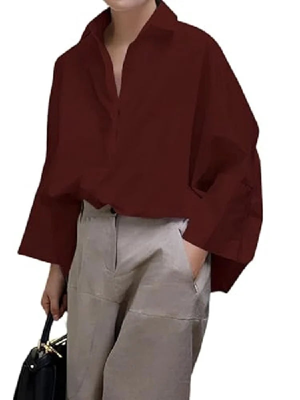 Blusa De Manga Larga Suelta Con Cuello Solapa - Colores Lisos