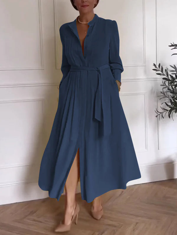 Vestido Maxi Camisero Línea A Con Bolsillos, Cintura Anudada Y Escote En V