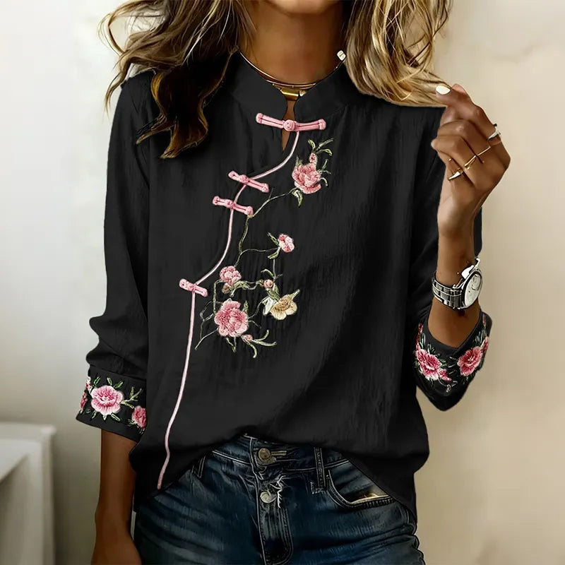 Camisa elegante con bordado floral y cuello mao - manga larga