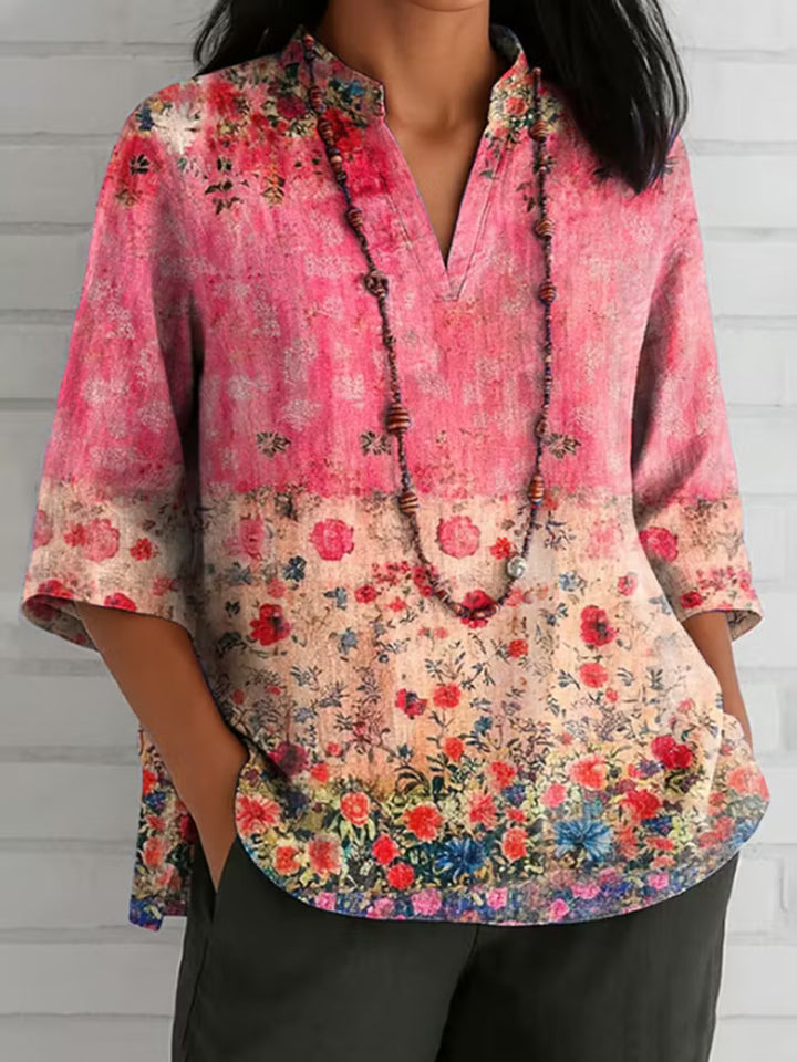 CAMISA FEMENINA CASUAL DE ALGODÓN Y LINO CON ESTAMPA FLORAL PARA LA CONCIENCIACIÓN SOBRE EL CÁNCER DE MAMA