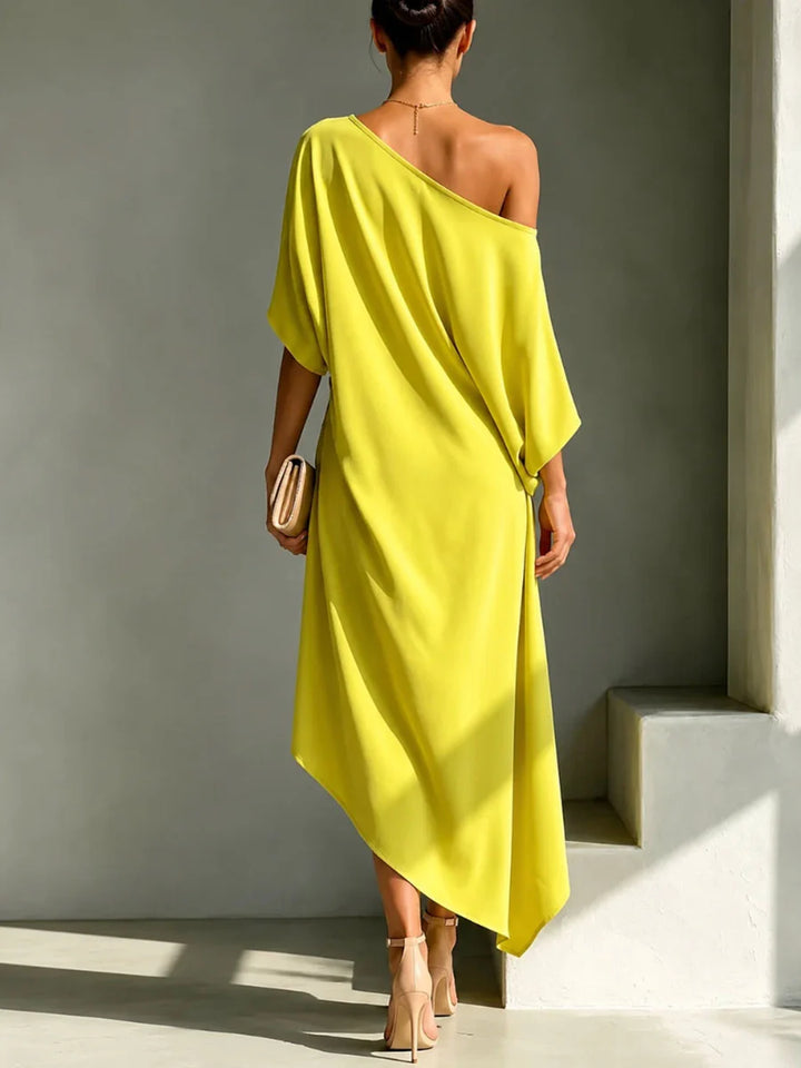Vestido Maxi Asimétrico De Un Hombro Con Espalda Abierta, Botones Y Modelado Suelto