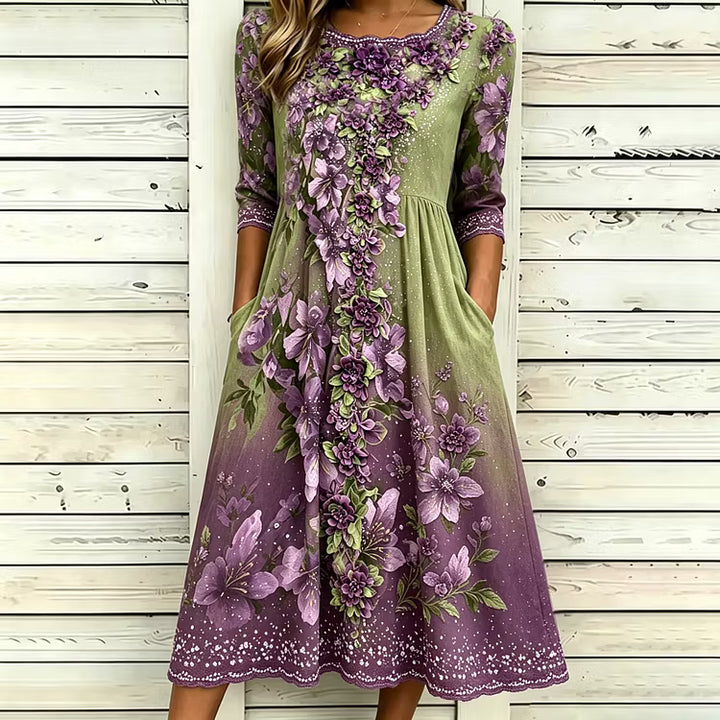 Vestido Largo Estampado Floral Retro Con Cuello Redondo Y Manga 3/4 En Algodón