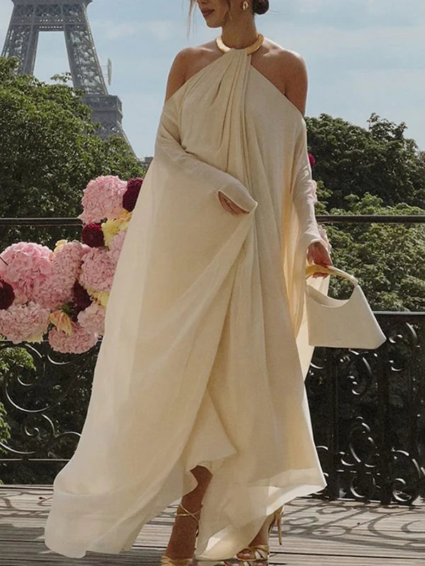 Vestido Maxi Holgado Con Cuello Halter Y Manga Larga En Color Sólido
