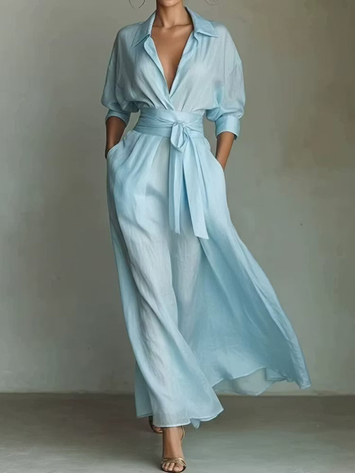 Vestido Elegante Manga 3/4 Con Solapa Color Sólido Y Paneles Hasta El Tobillo Estilo Retro Francés