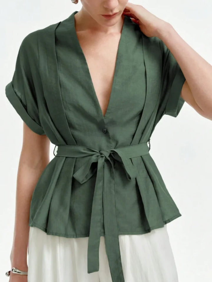 Blusa Solta De Manga Curta Com Botões, Cintura Atada E Decote Em V Em Cor Sólida