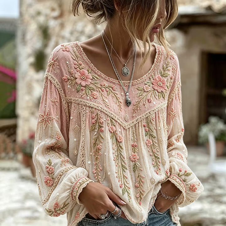 Blusa Manga Larga Cuello Redondo Con Bordado Floral De Rosas Vintage En Mezcla De Lino