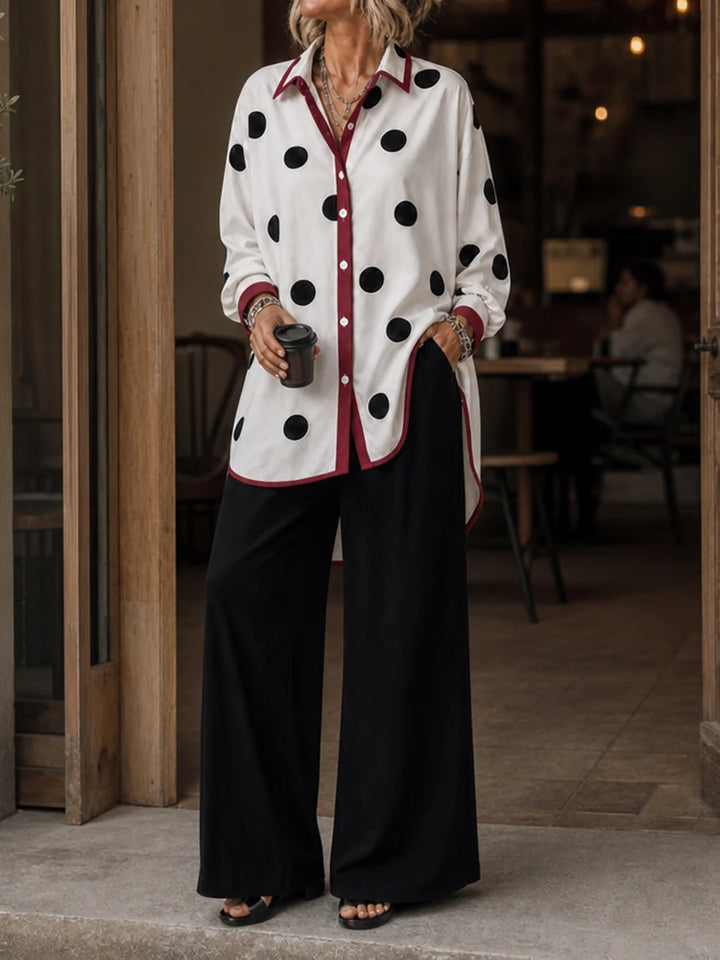 Blusa De Manga Larga Con Solapa, Botones Y Estampado De Lunares Contrastantes