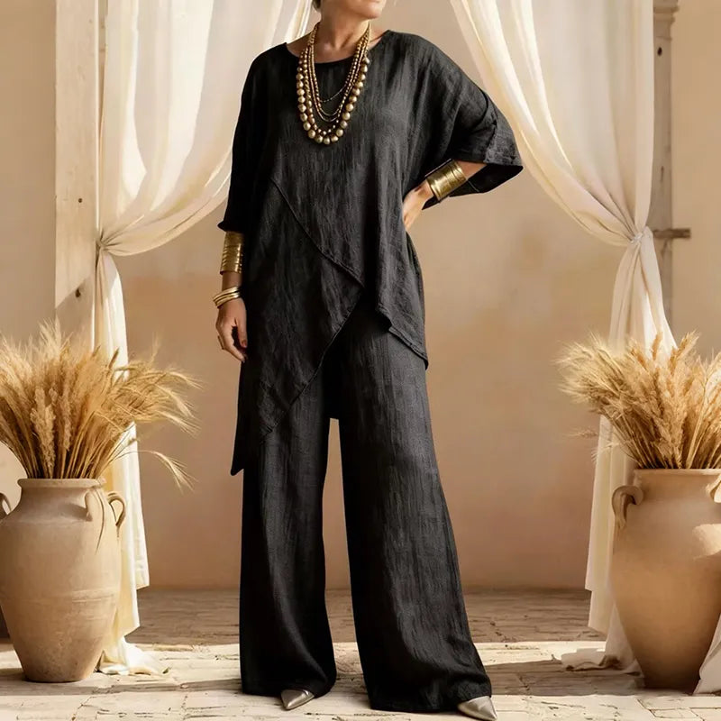 Conjunto de dos piezas top y pantalón de mezcla de lino fluido con diseño de doble capa