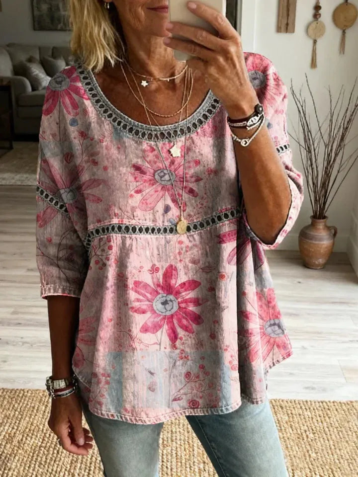 Top Boho Floral Vintage Lino