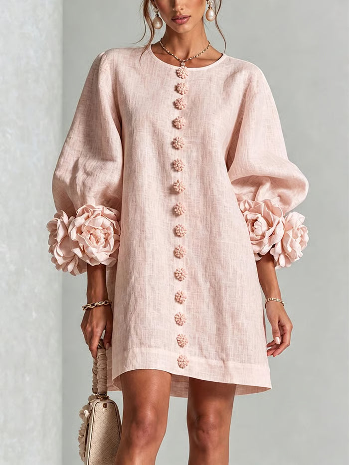 Vestido Mini Manga Globo Con Puños Florales 3d