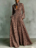 Vestido maxi línea a manga larga leopardo abotonado solapa bolsillos color contrastante