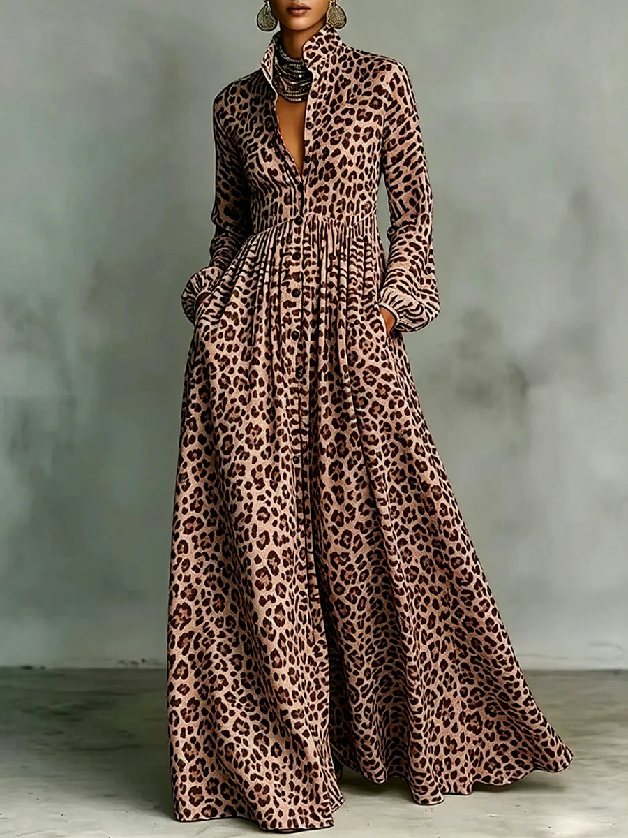 Vestido maxi línea a manga larga leopardo abotonado solapa bolsillos color contrastante