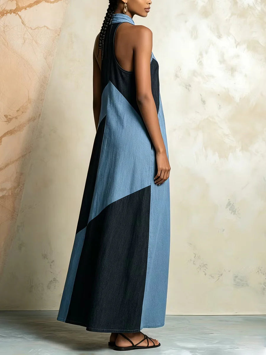 Vestido Maxi Holgado Sin Mangas Con Cuello Halter, Cremallera, Bolsillos Y Color En Contraste