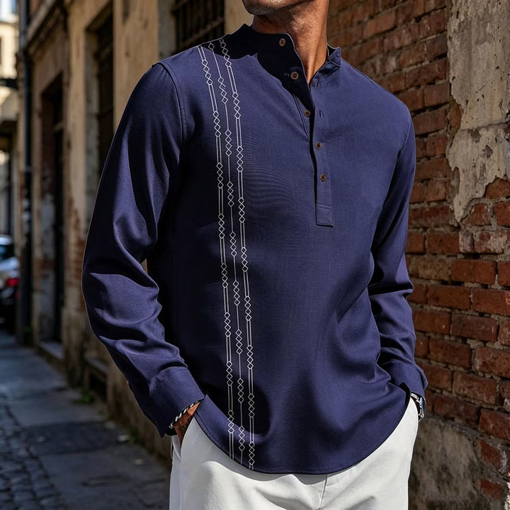 Camisa de Homem Manga Comprida Xadrez Color Block Retro Gola Henley