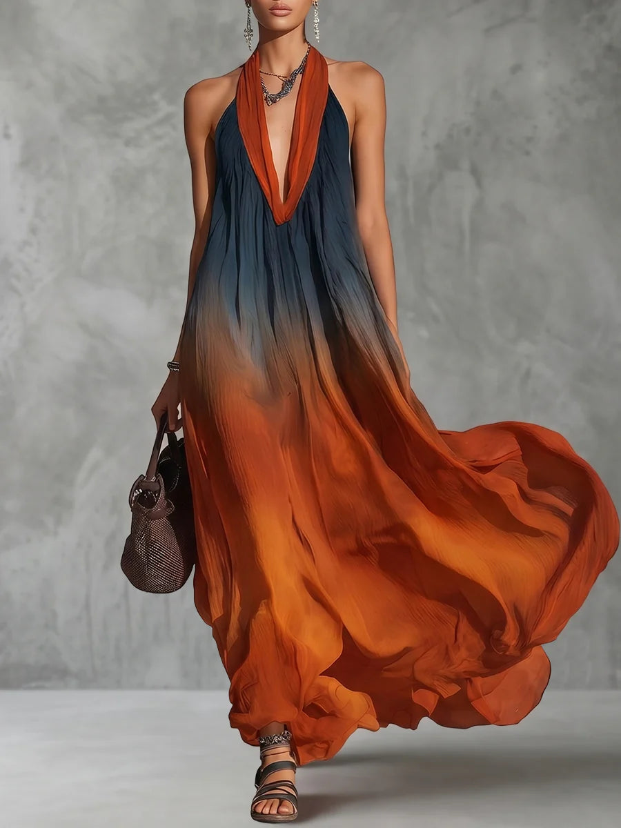 Vestido Maxi Plisado Sin Mangas Con Cuello Halter Y Color En Contraste