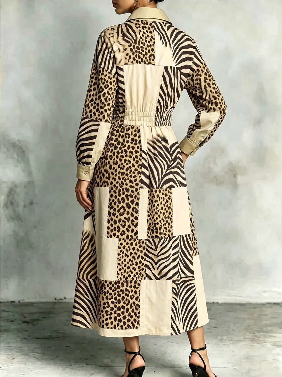 Vestido Maxi Estampado Cebra Y Leopardo Con Bolsillos Manga Larga Cintura Alta Y Solapa