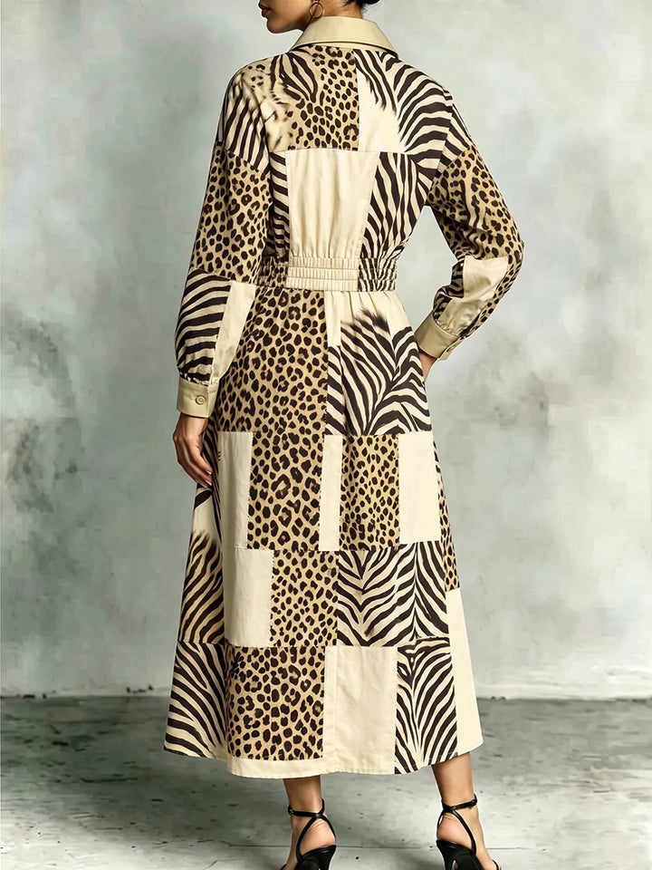 Vestido Maxi Estampado Cebra Y Leopardo Con Bolsillos Manga Larga Cintura Alta Y Solapa